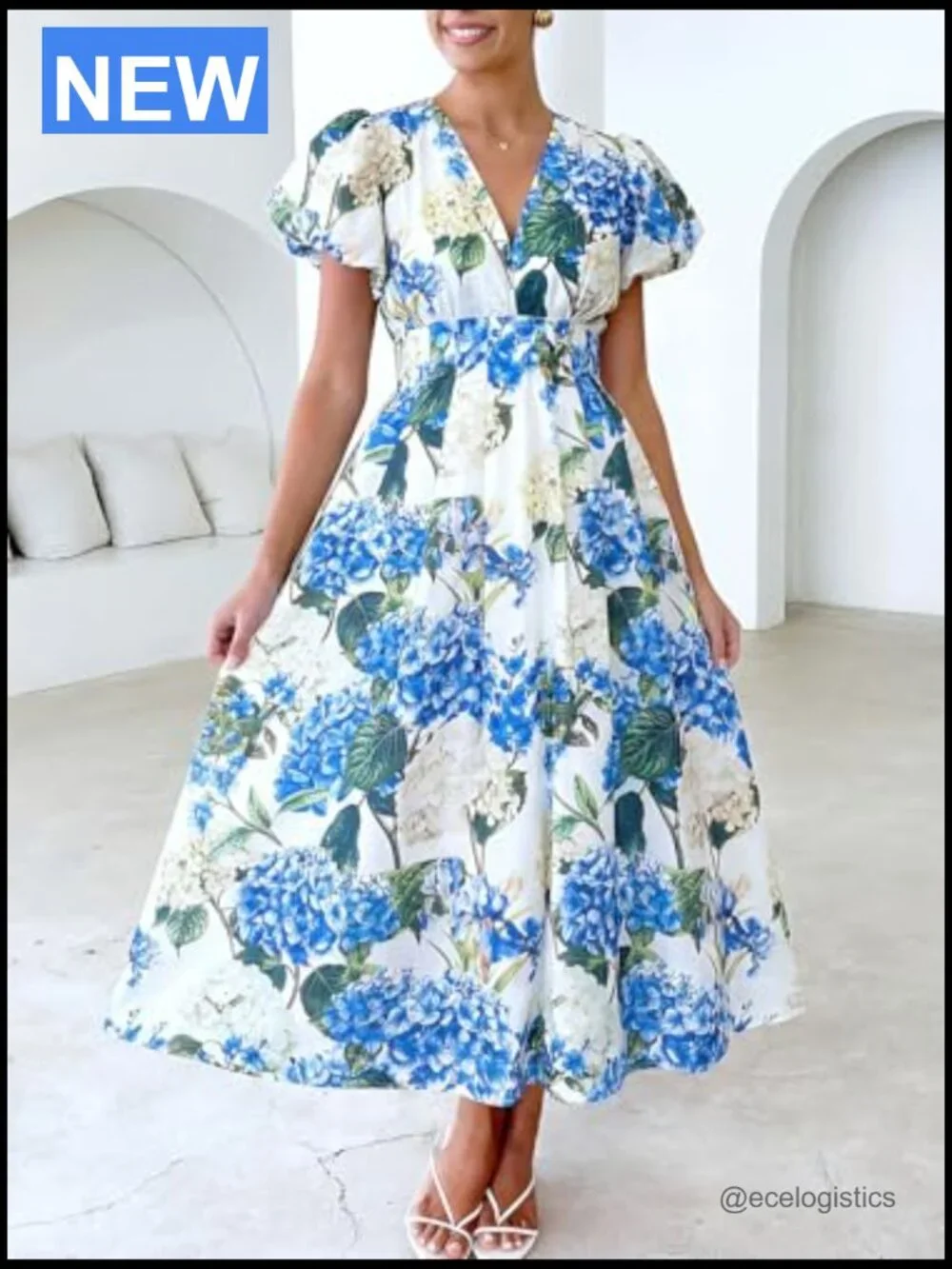 Bohemian Floral Maxi Dress V-Neck A-Line Elastic Waist Summer Wedding Guest - Picture 2 of 6